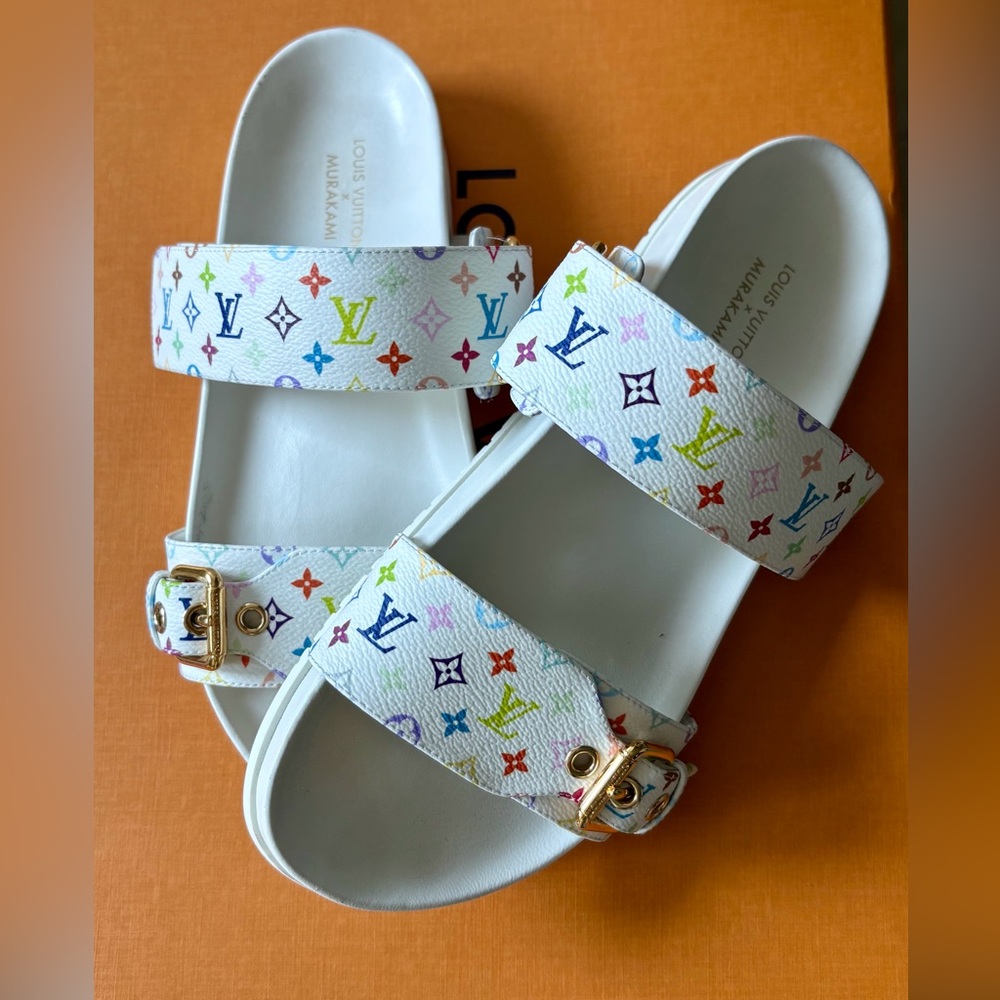 Louis Vuitton x Takashi Murakami Multicolor Monogram Sandals Slides White 38.5